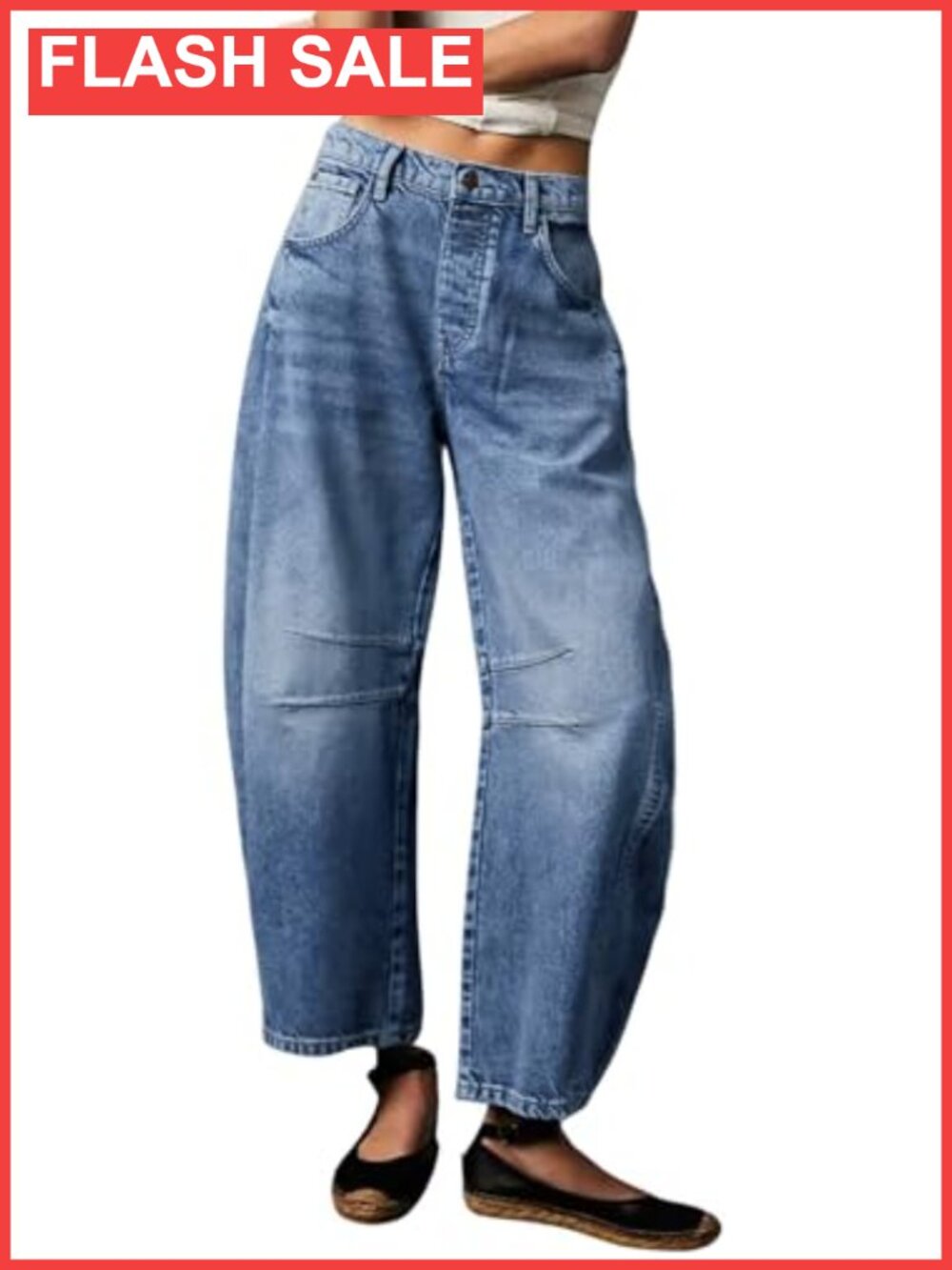 Womens Mid Rise Barrel Jeans Stretchy Wide Leg Cropped Denim Pants